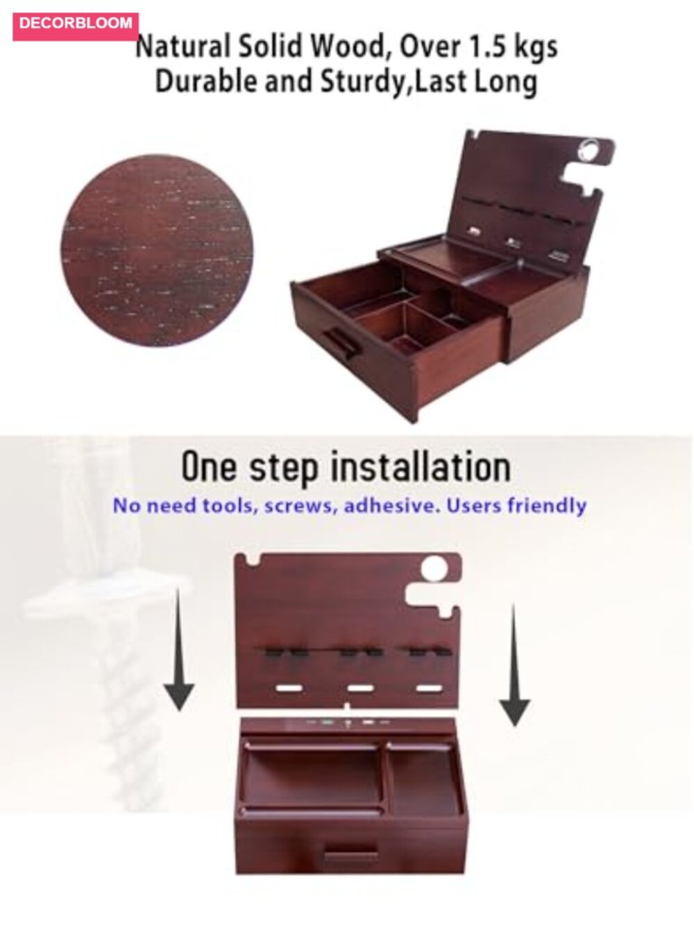 Wood Nightstand Organizer with Drawer, 4-Port USB Charging Station, Fast - Picture 5 of 5